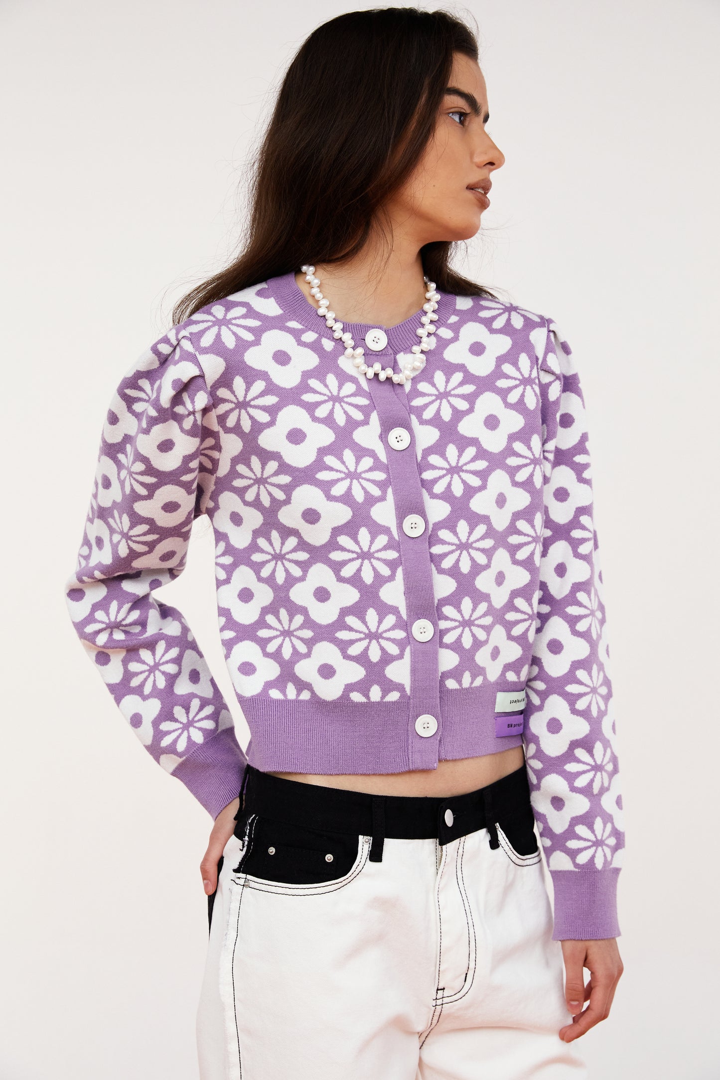 Floral Pattern Knit Cardigan, Lavender