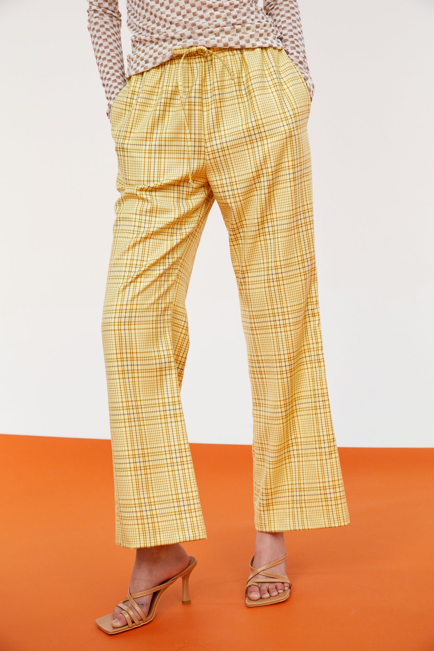 Drawstring Plaid Flannel Pants, Sunflower