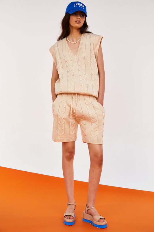 Cable Knit Vest And Shorts Set, Toffee