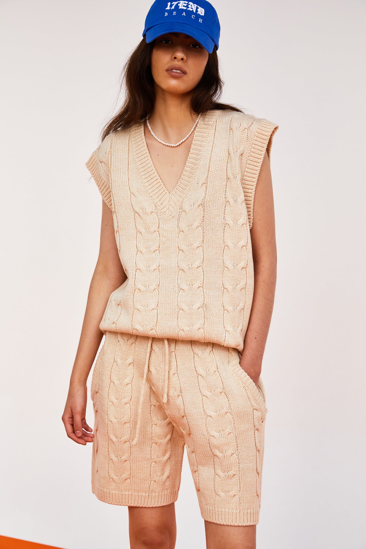 Cable Knit Vest And Shorts Set, Toffee