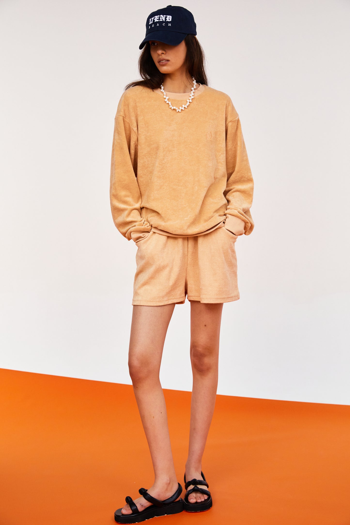 Relaxed Terry Cloth Leisure Shorts, Apricot