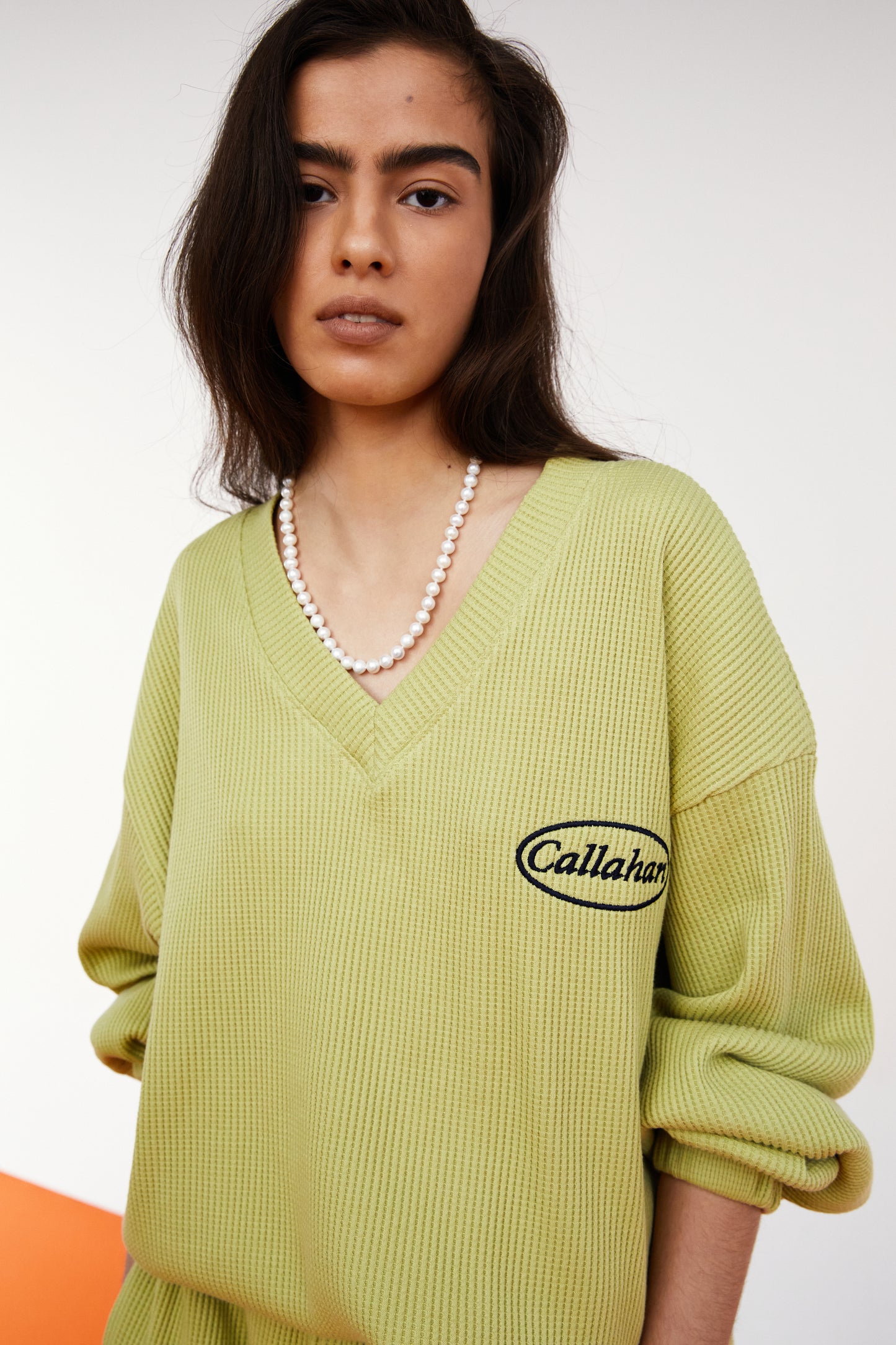 V-Neck Embroidered Waffle Top, Pear