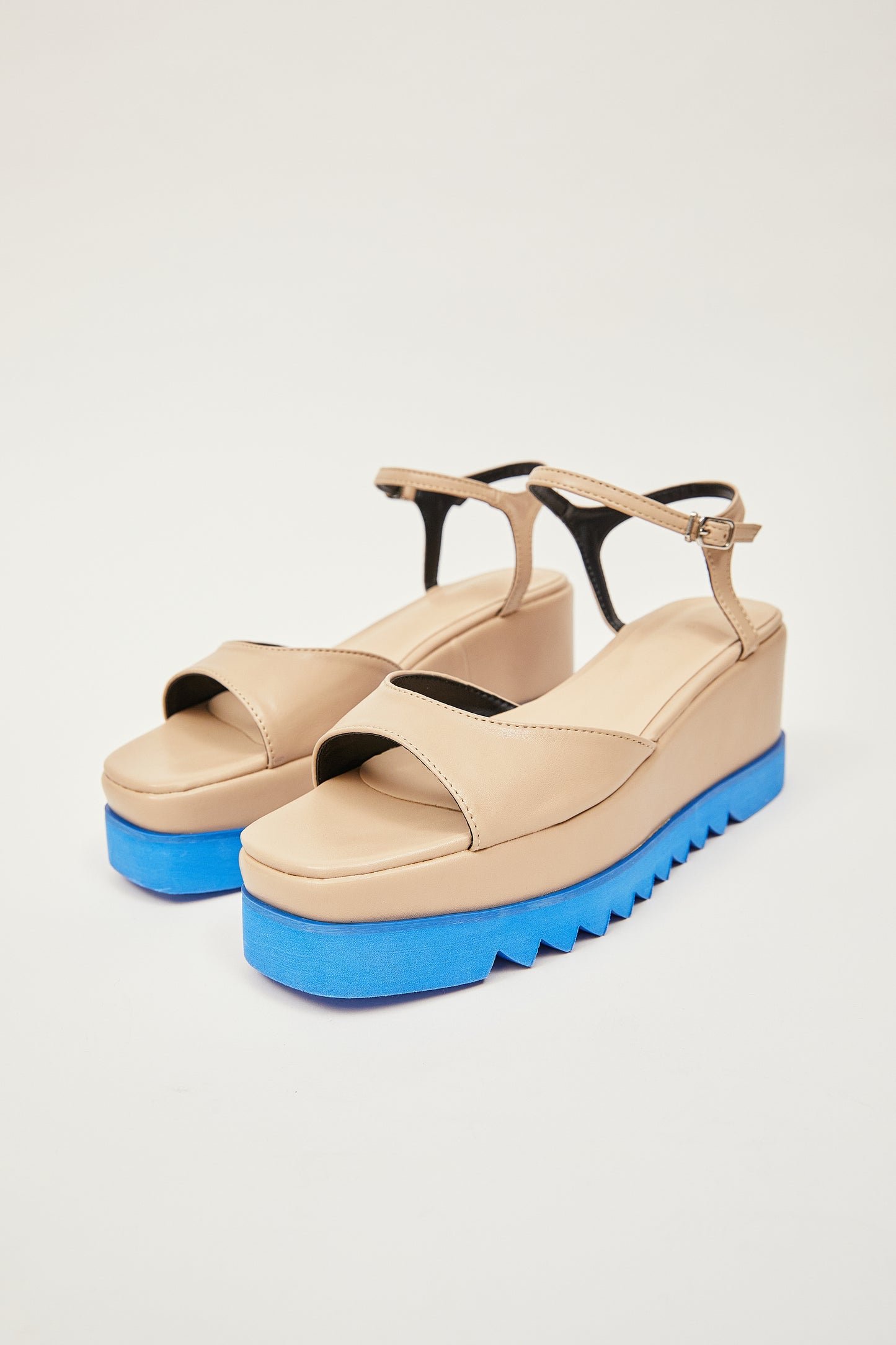 Two-Tone High Wedge Sandals, Beige & Blue
