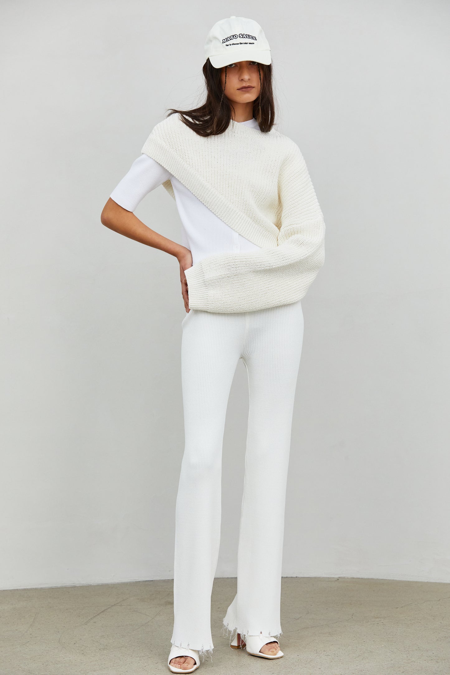 Diagonal One Sleeve Pullover, Cream