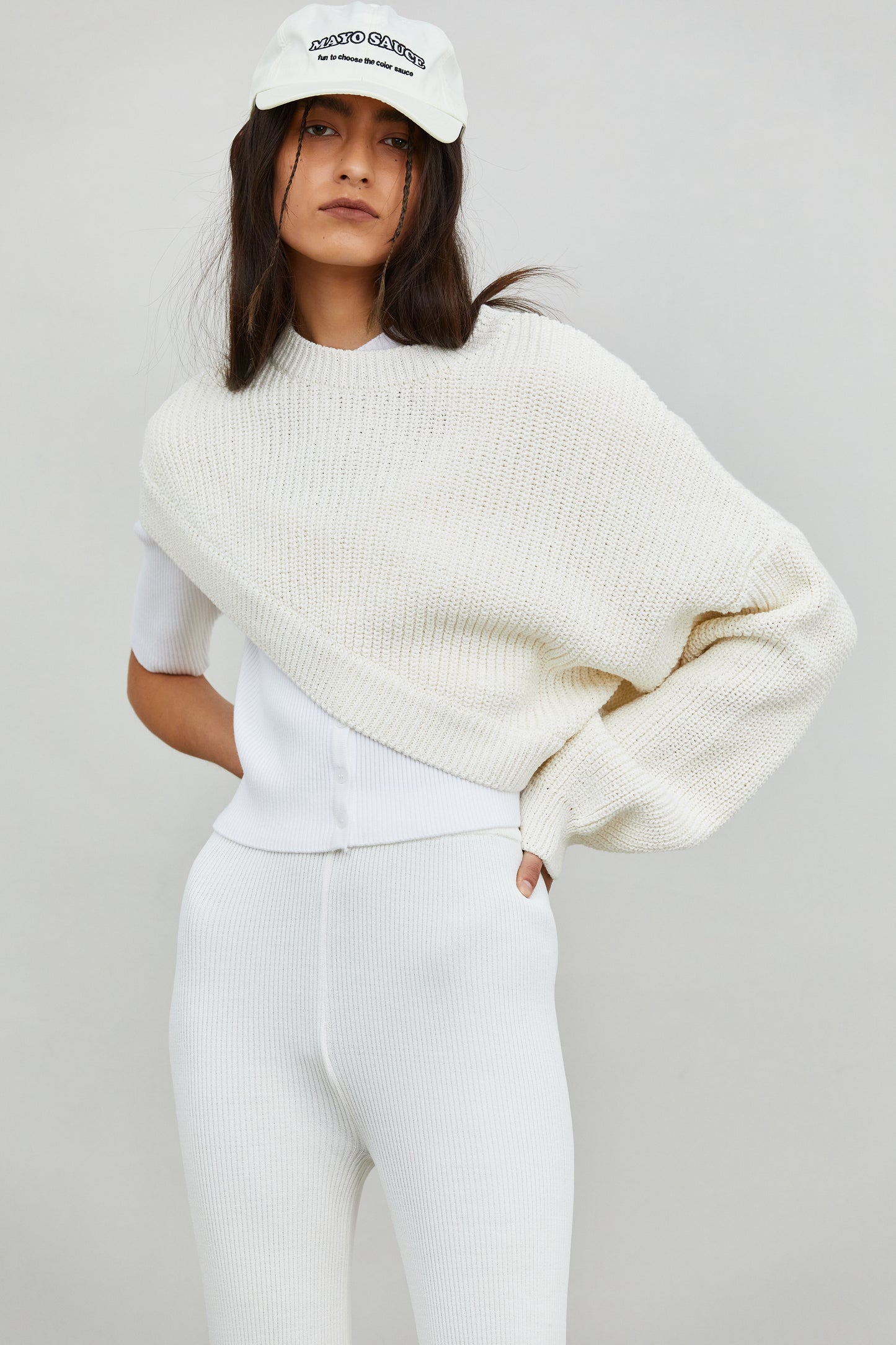 Diagonal One Sleeve Pullover, Cream