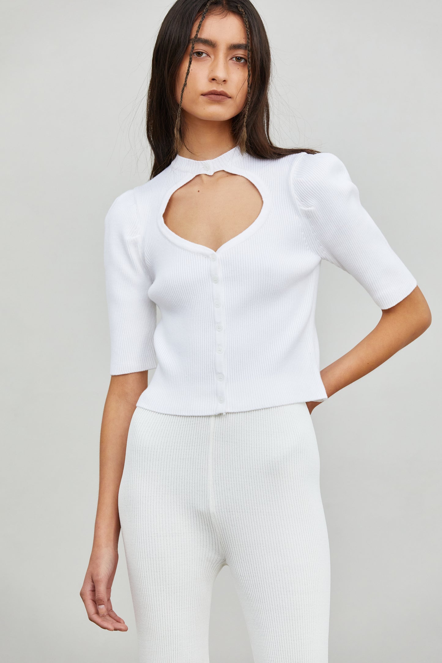 Sweetheart Cut-Out Knit Top, Off-White