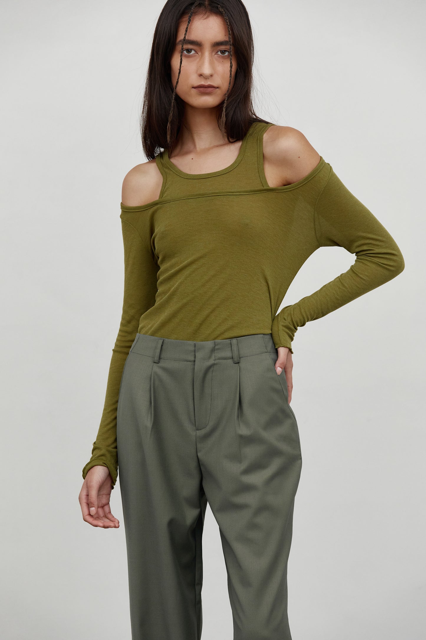 Double Layer Cut Out Shoulder Tee, Martini Olive