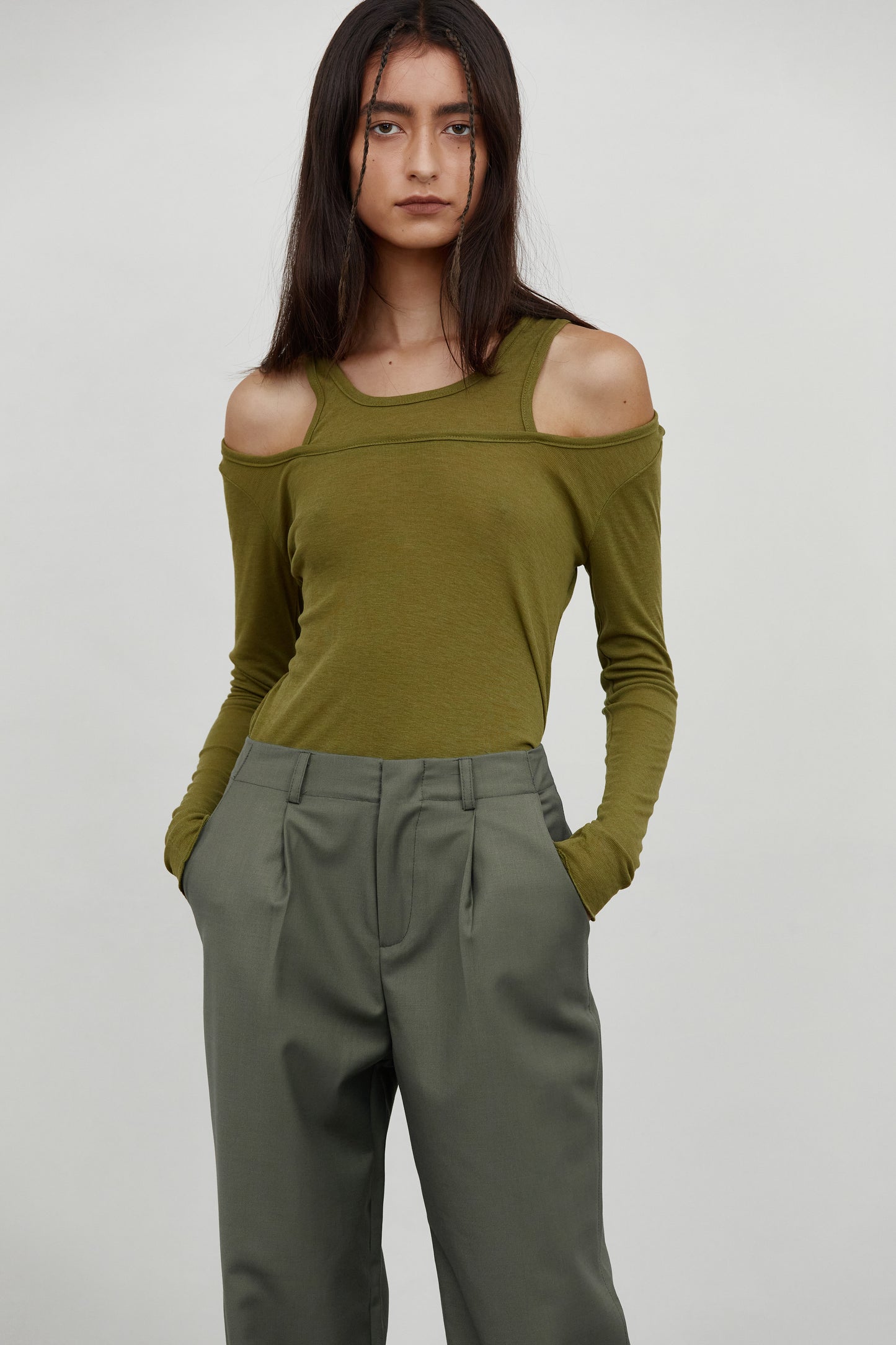 Double Layer Cut Out Shoulder Tee, Martini Olive