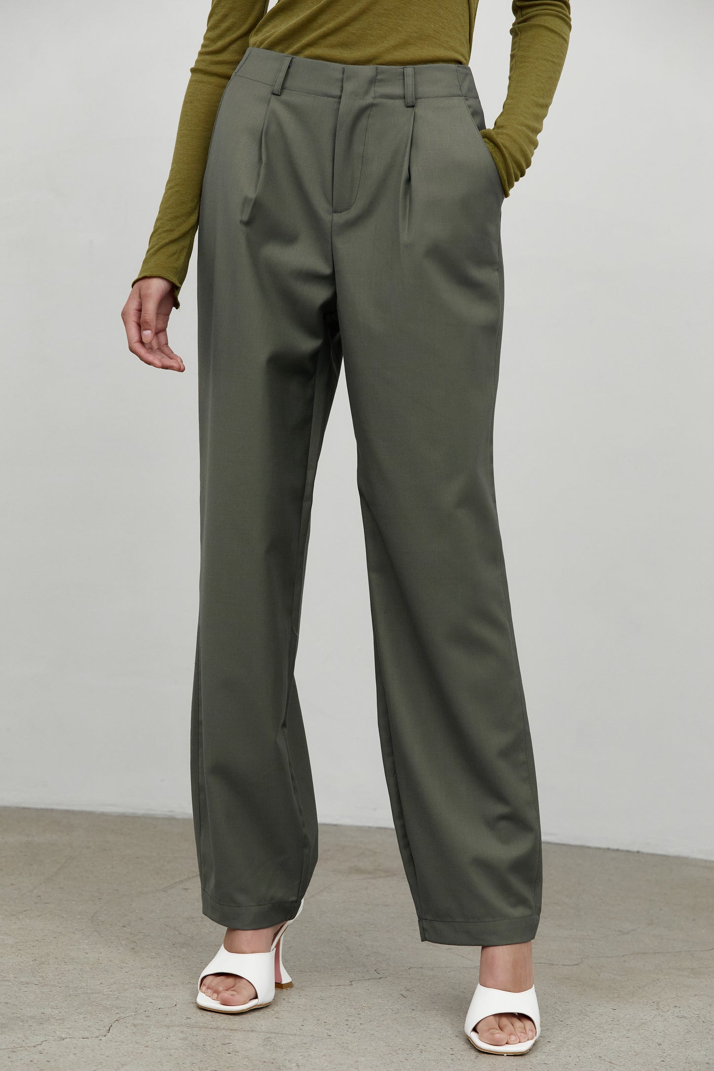 Pleat Front Straight Trousers, Sage Green