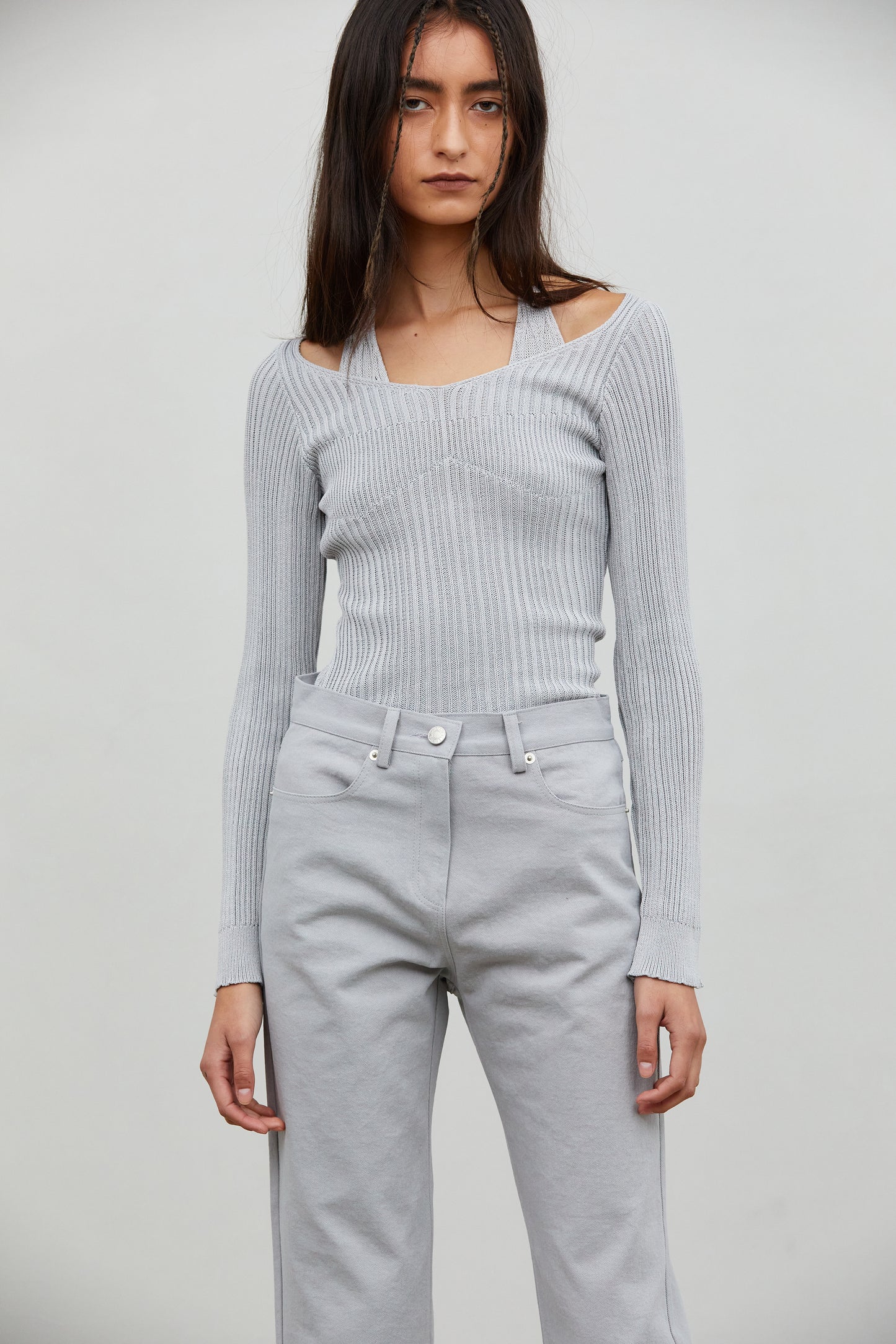 Duo Layered Tie Back Knit Top, Cloud Grey