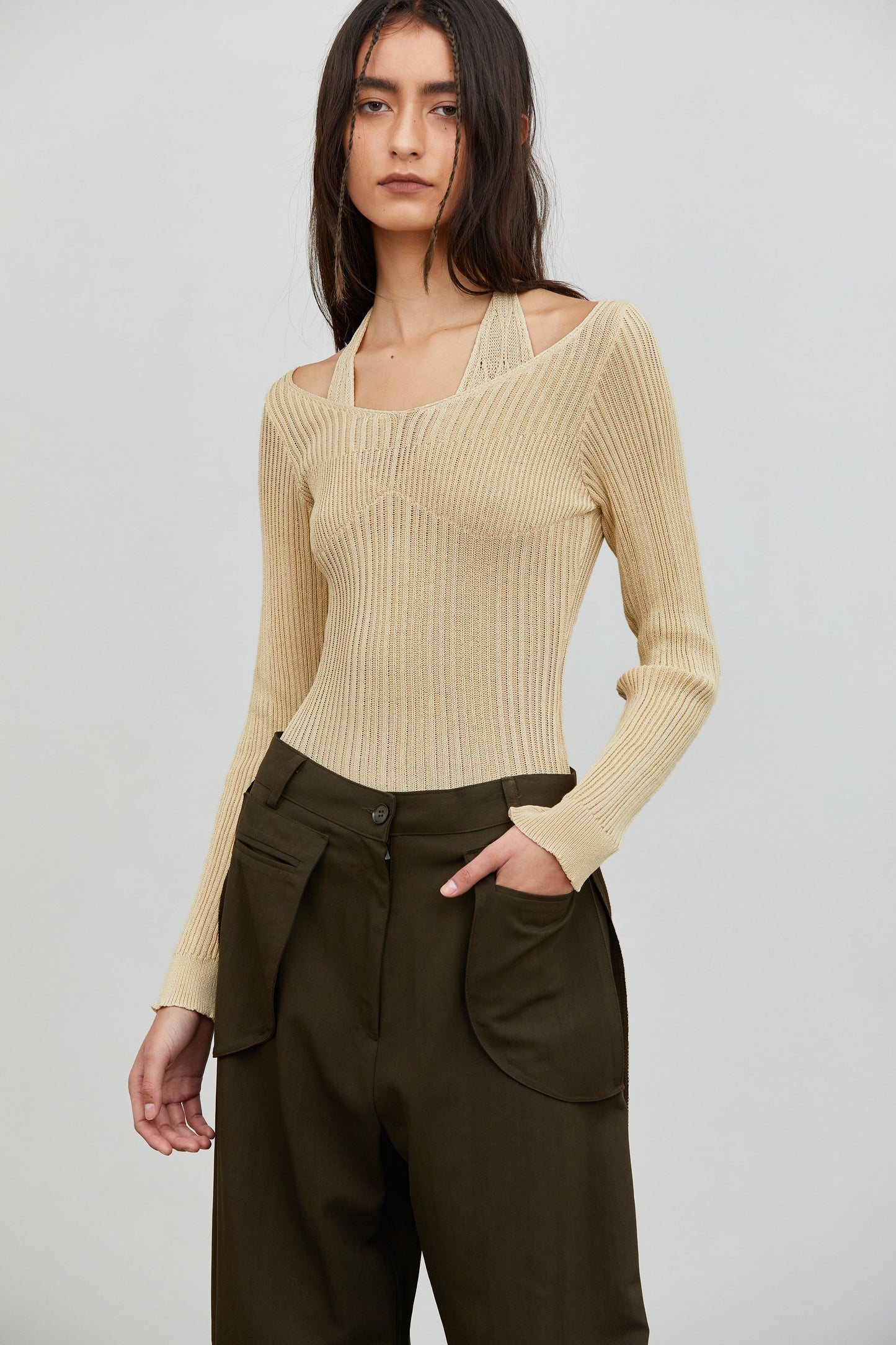 Duo Layered Tie Back Knit Top, Butter
