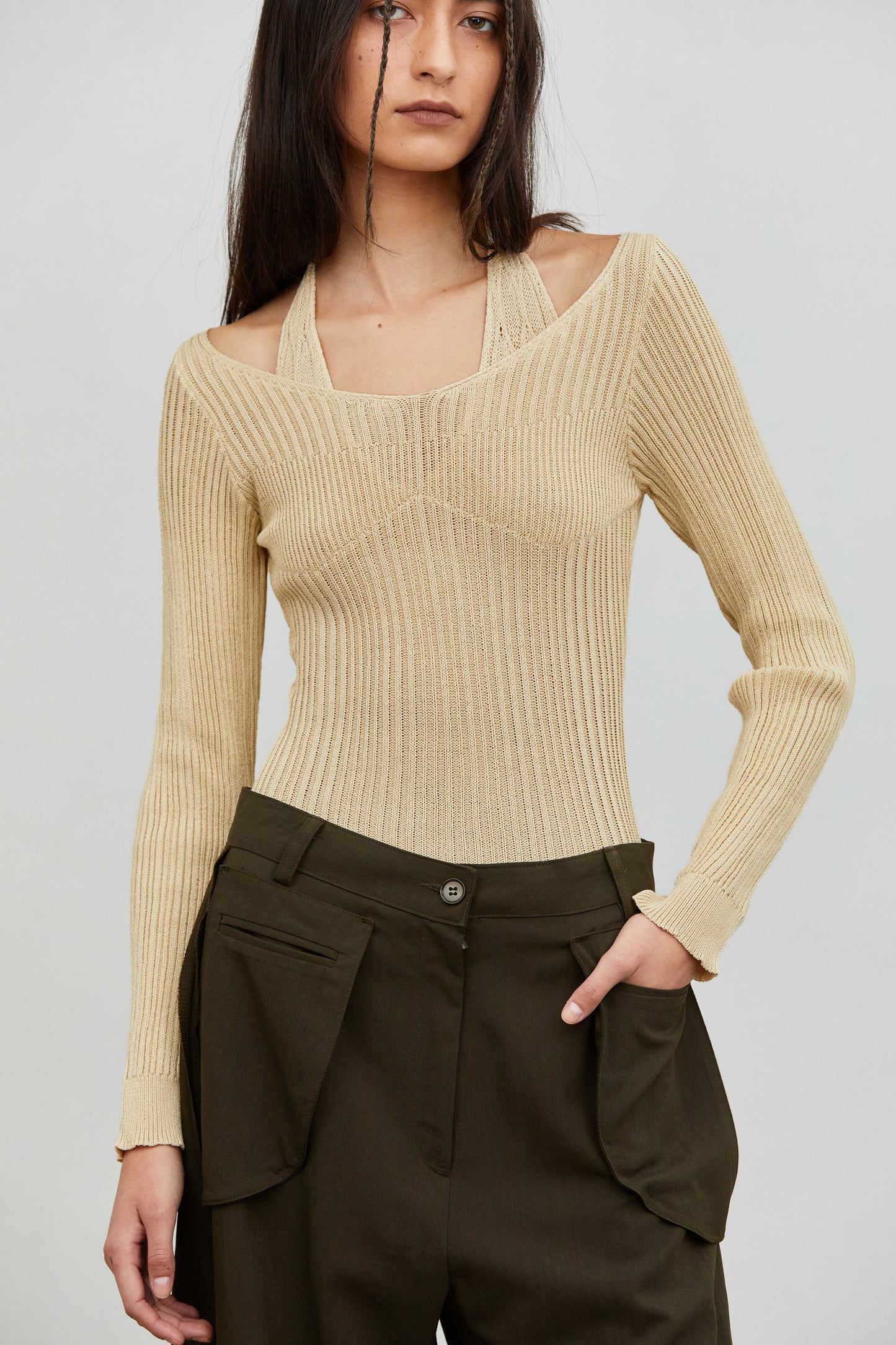 Duo Layered Tie Back Knit Top, Butter