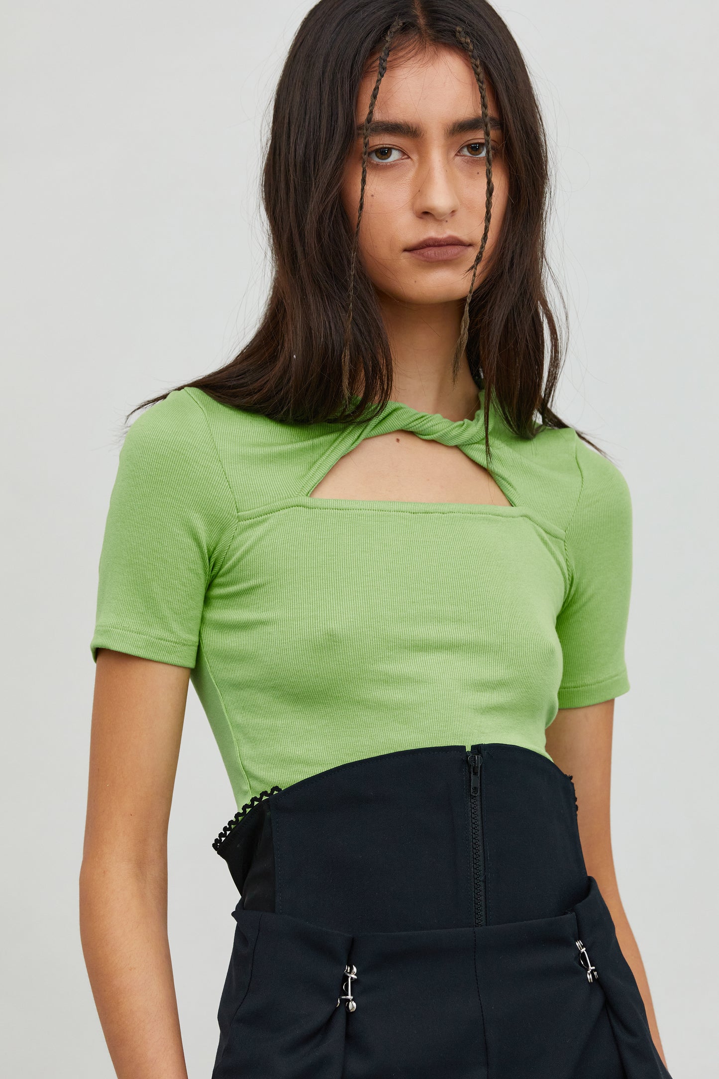 Twist Neck Ribbed Tee, Lime