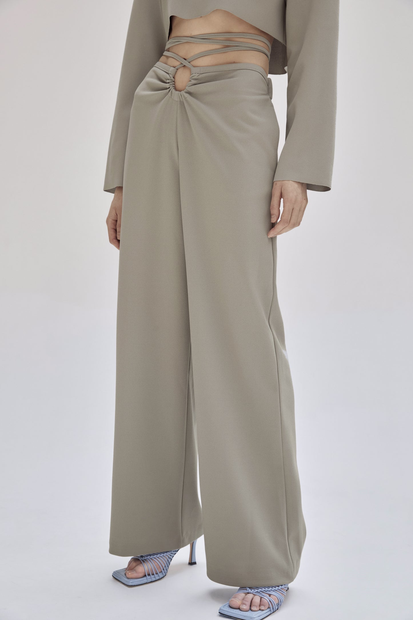 Ruched Tie Waist Trousers, Link Gray