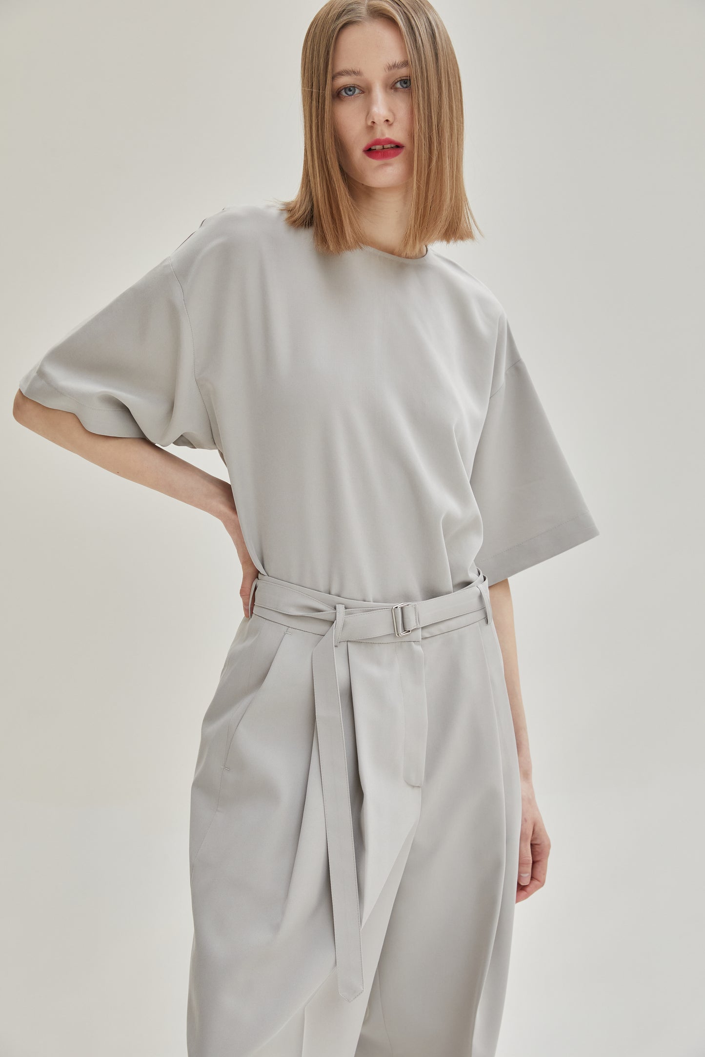 Relaxed Belt Suit Trousers, Ash Gray