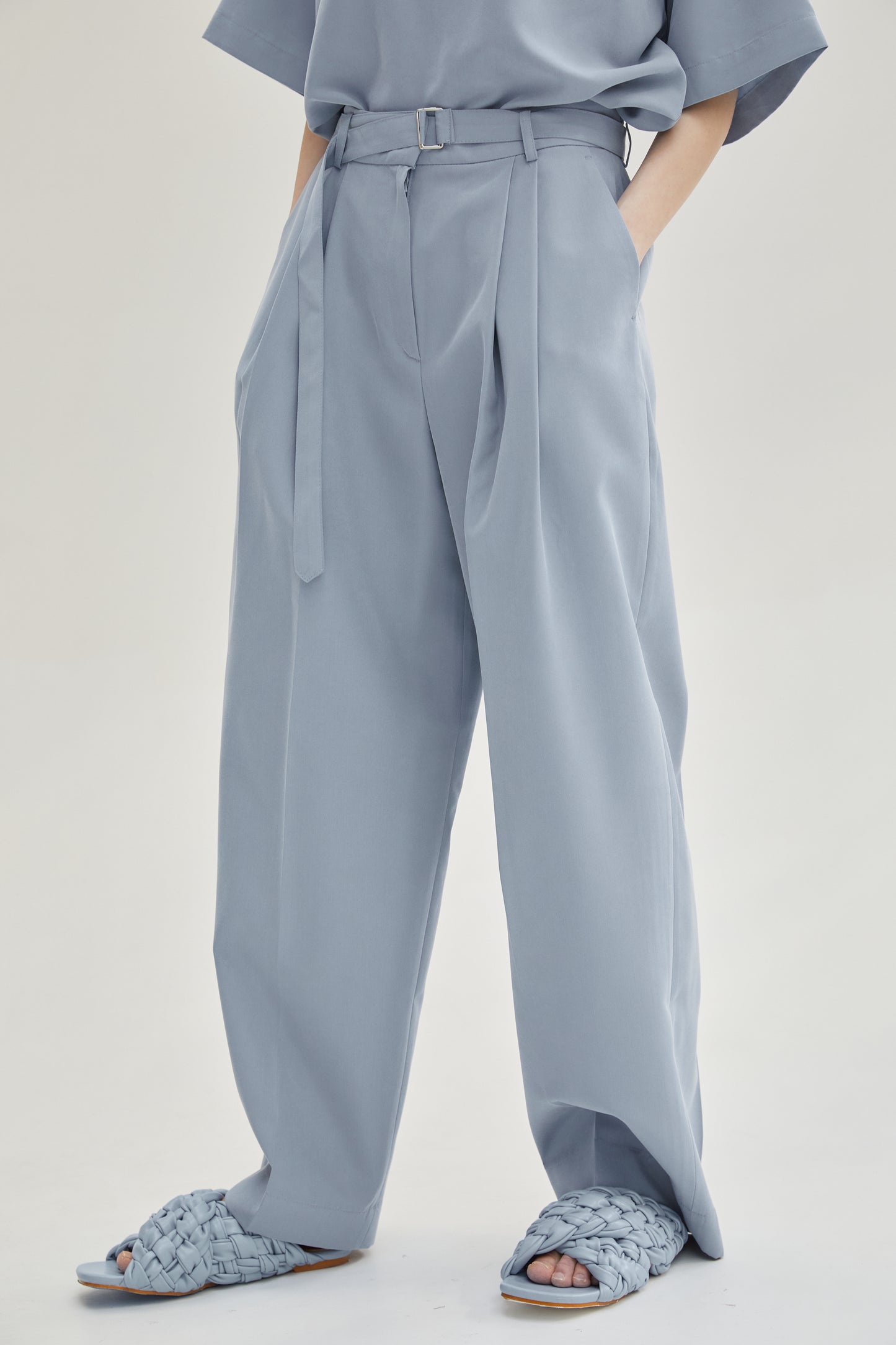 Relaxed Belt Suit Trousers, Steel Blue
