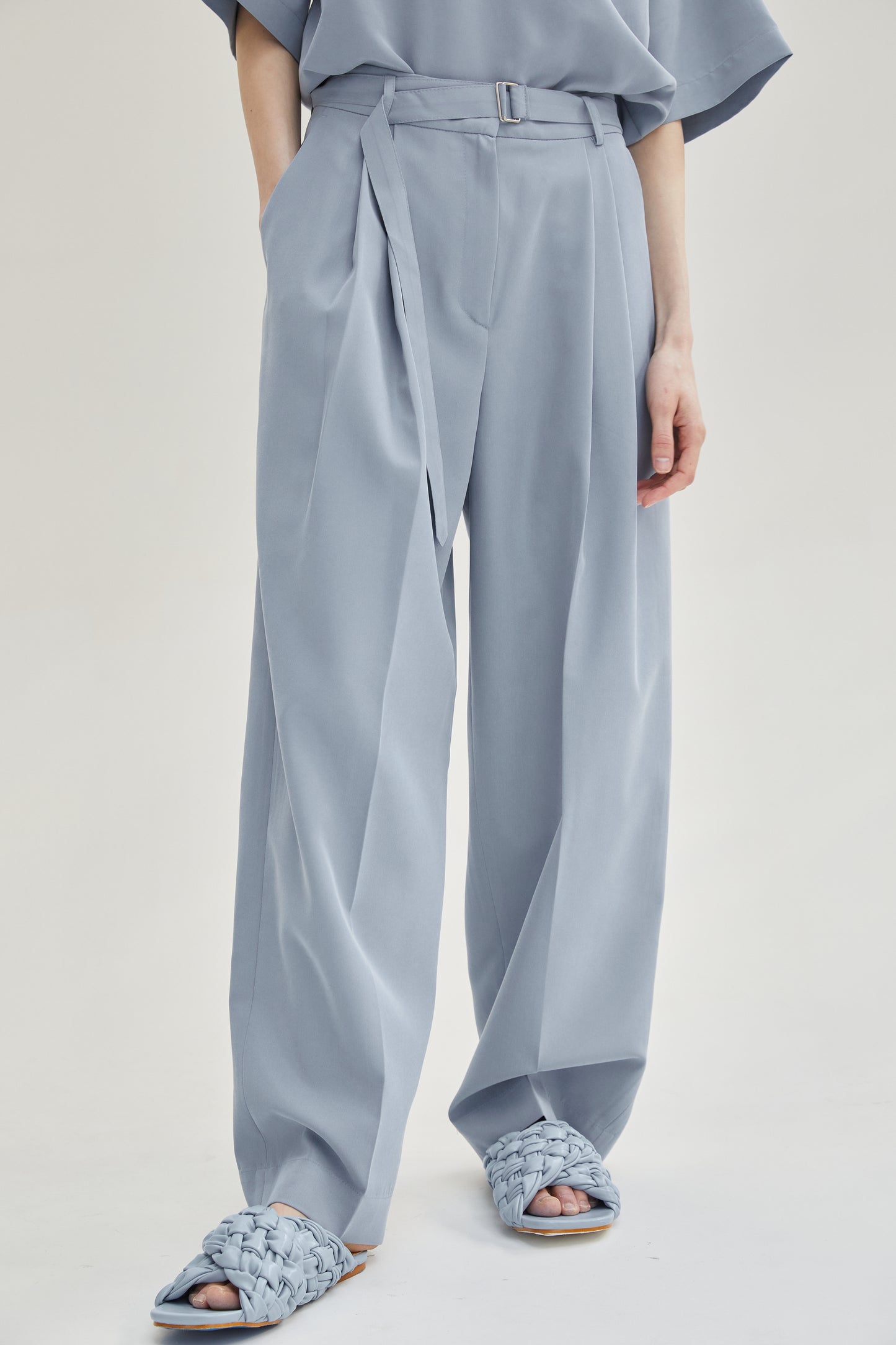 Relaxed Belt Suit Trousers, Steel Blue