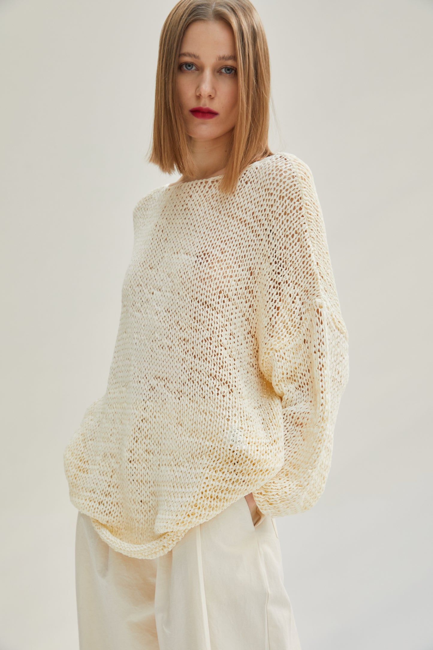 Oversized Tape Yarn Knitted Top, Natural