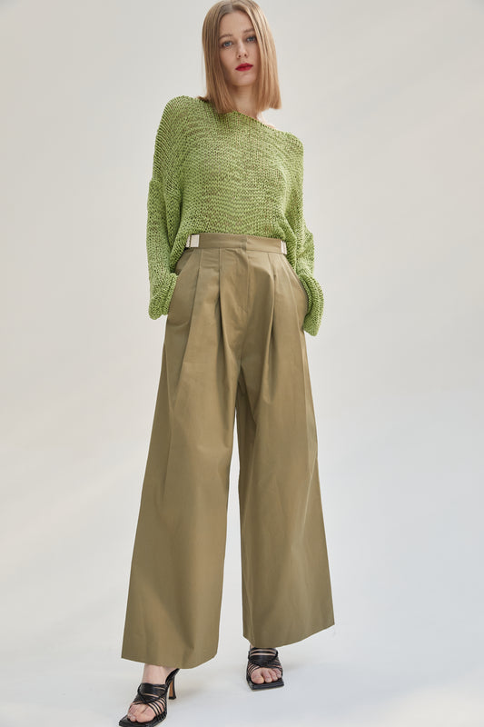 Side Belted Tabs Wide Trousers, Khaki Brown