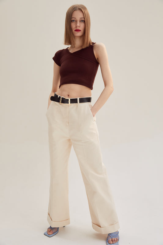 Folded Wide Trousers With Belt, Creme