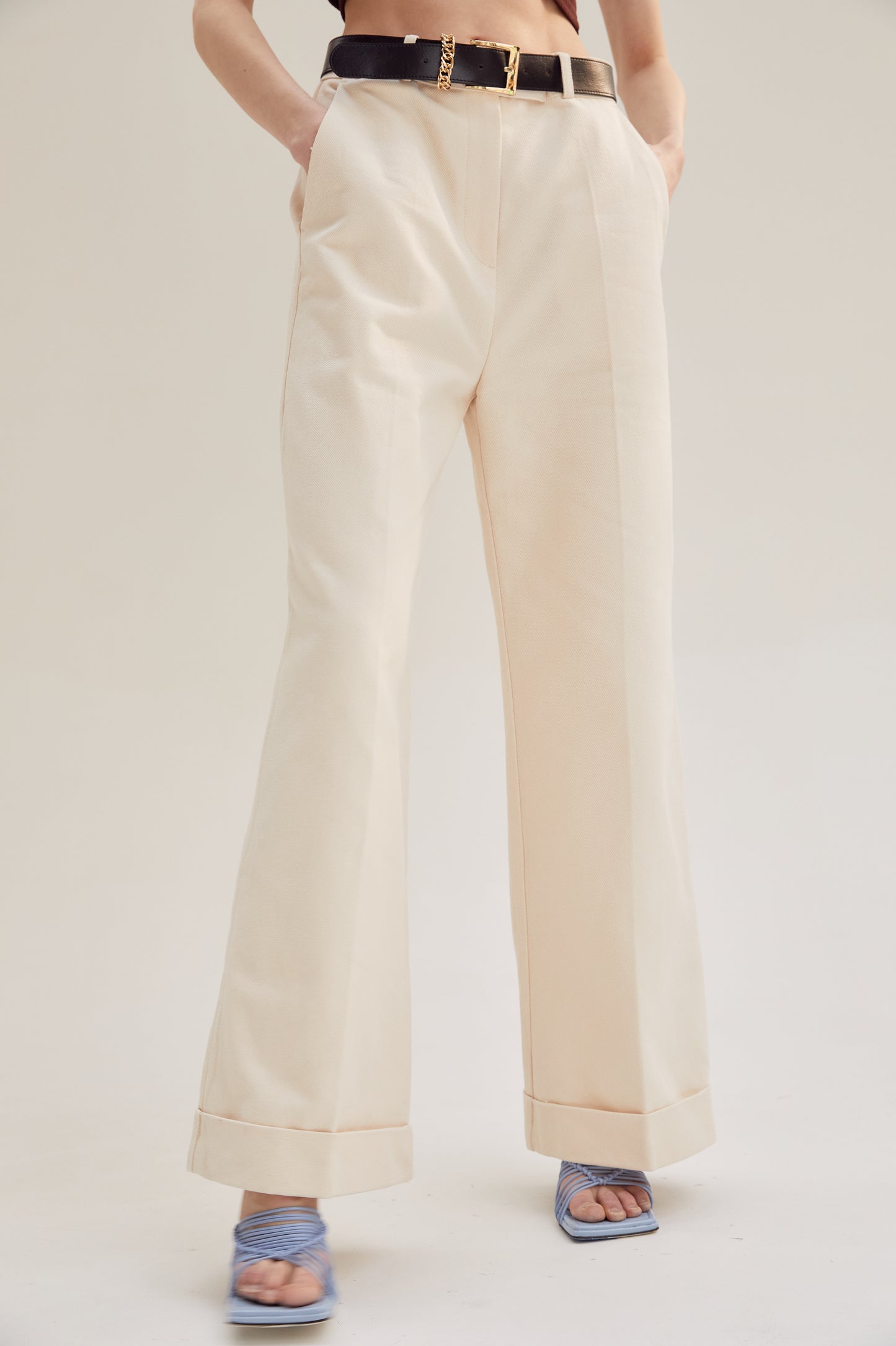 Folded Wide Trousers With Belt, Creme