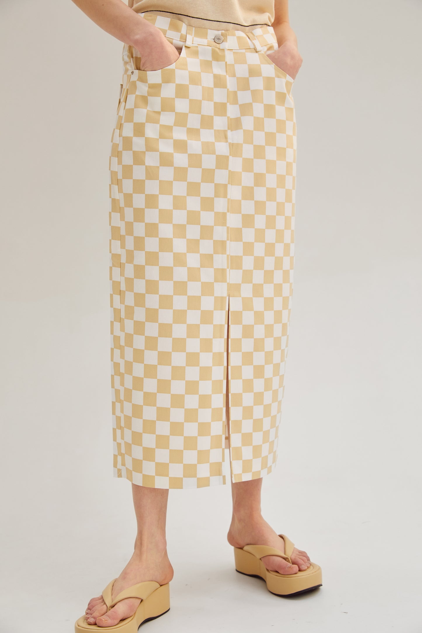 Front Slit Checker Midi Skirt, Biscotti