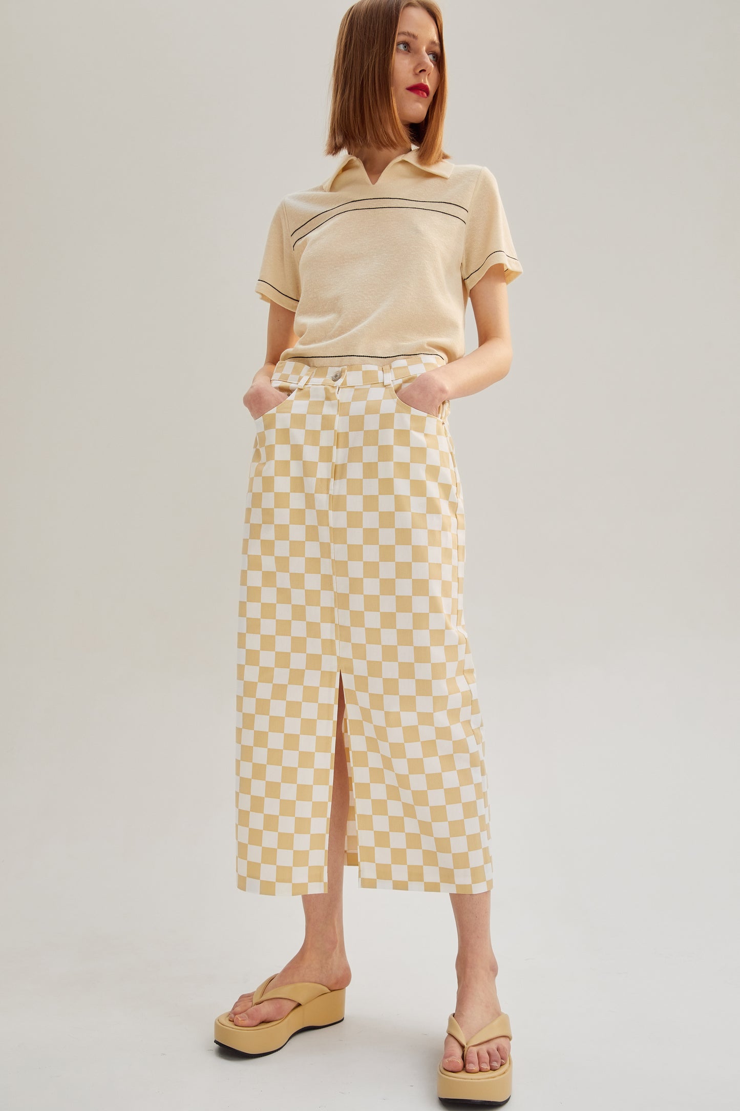 Front Slit Checker Midi Skirt, Biscotti