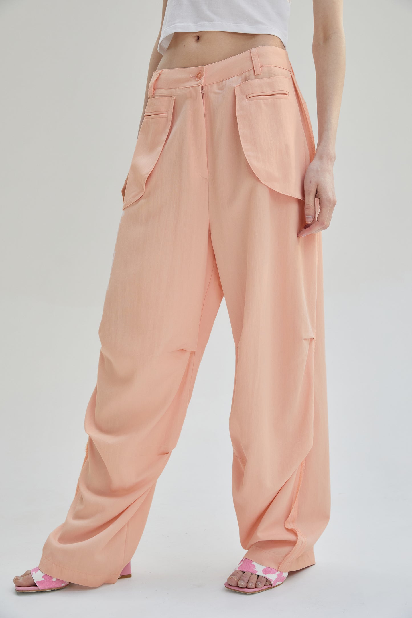 Inside Out Draped Cargo Pants, Salmon Pink