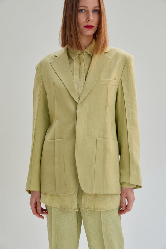Concealed Button Linen Blazer Jacket, Pear
