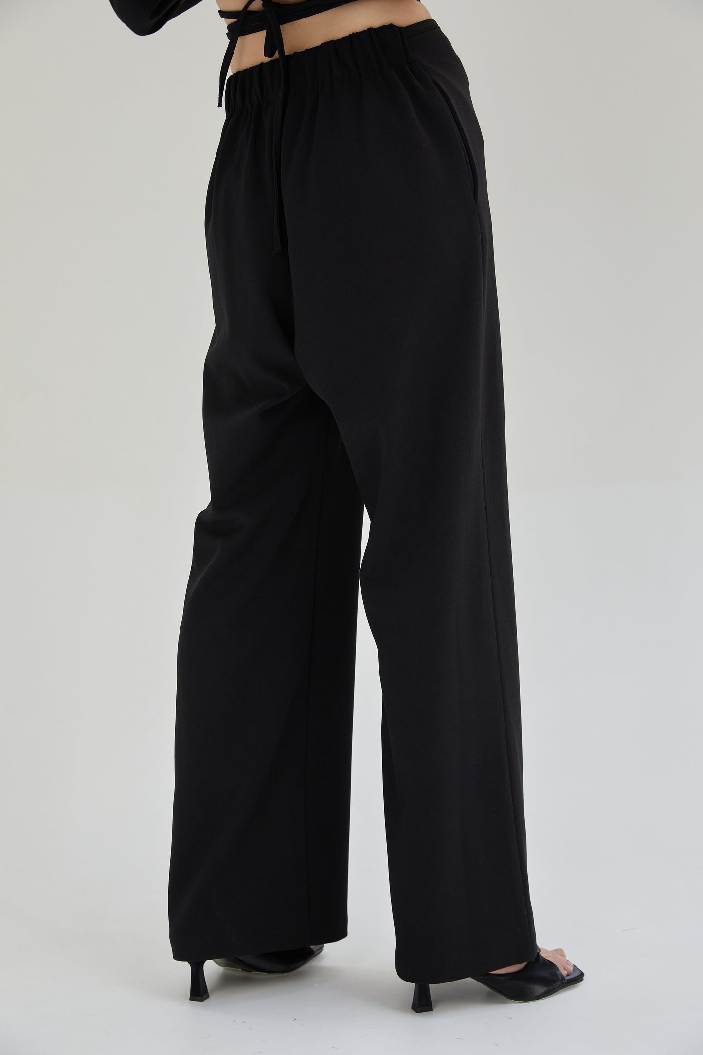 Ruched Tie Waist Trousers, Midnight Black