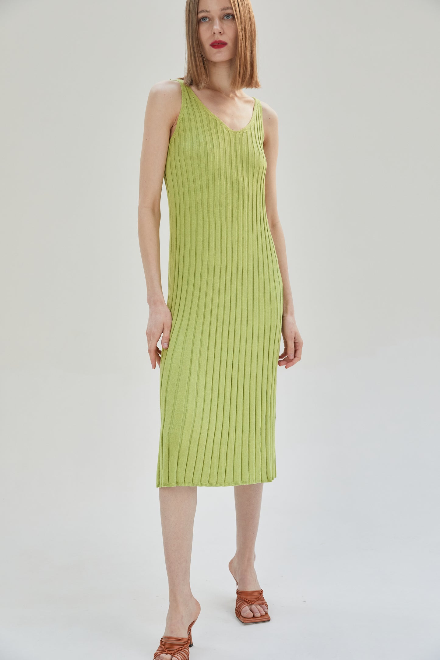 Ribbed V-Shaped Knit Dress, Lime