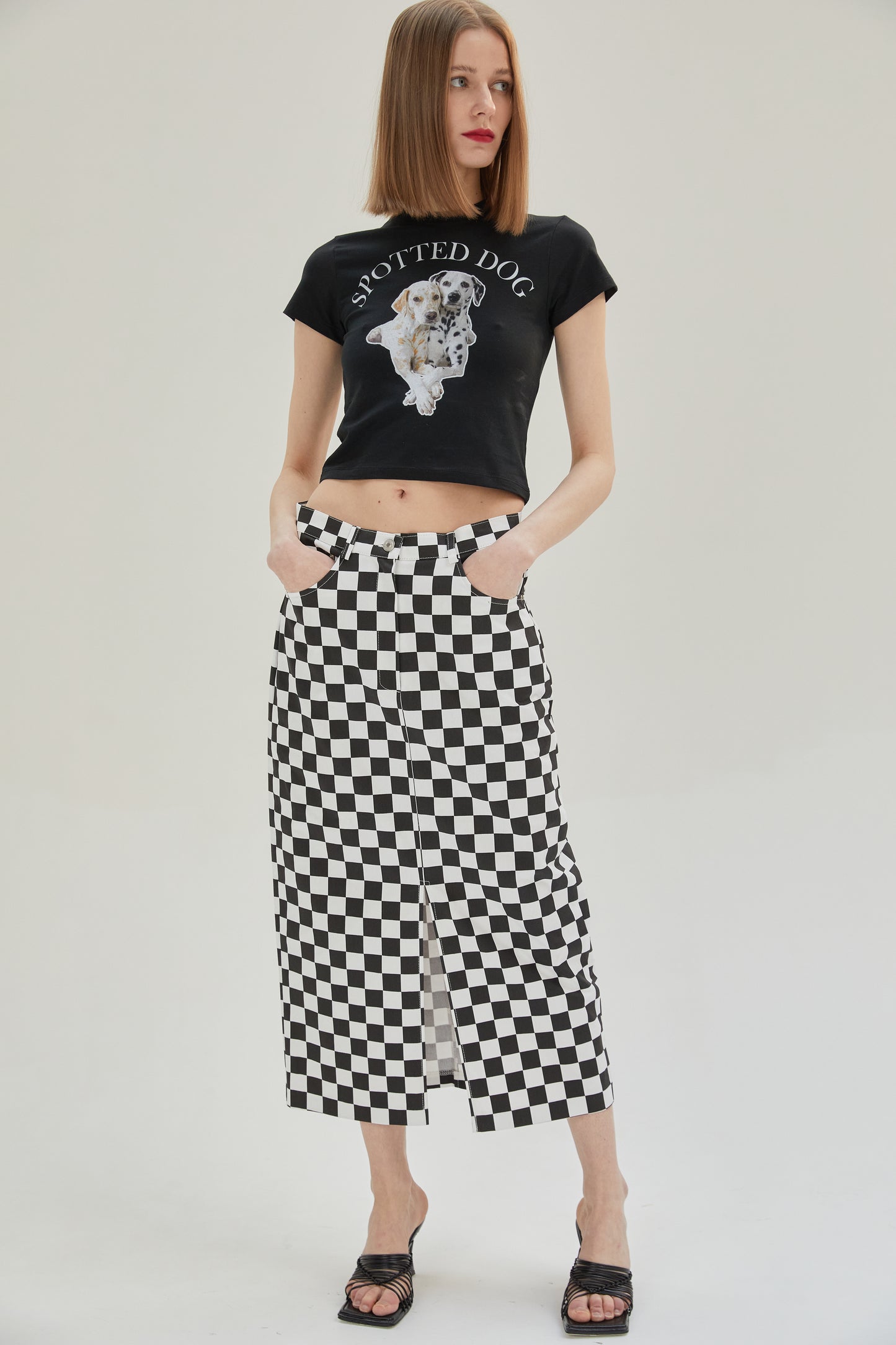 Front Slit Checker Midi Skirt, Black