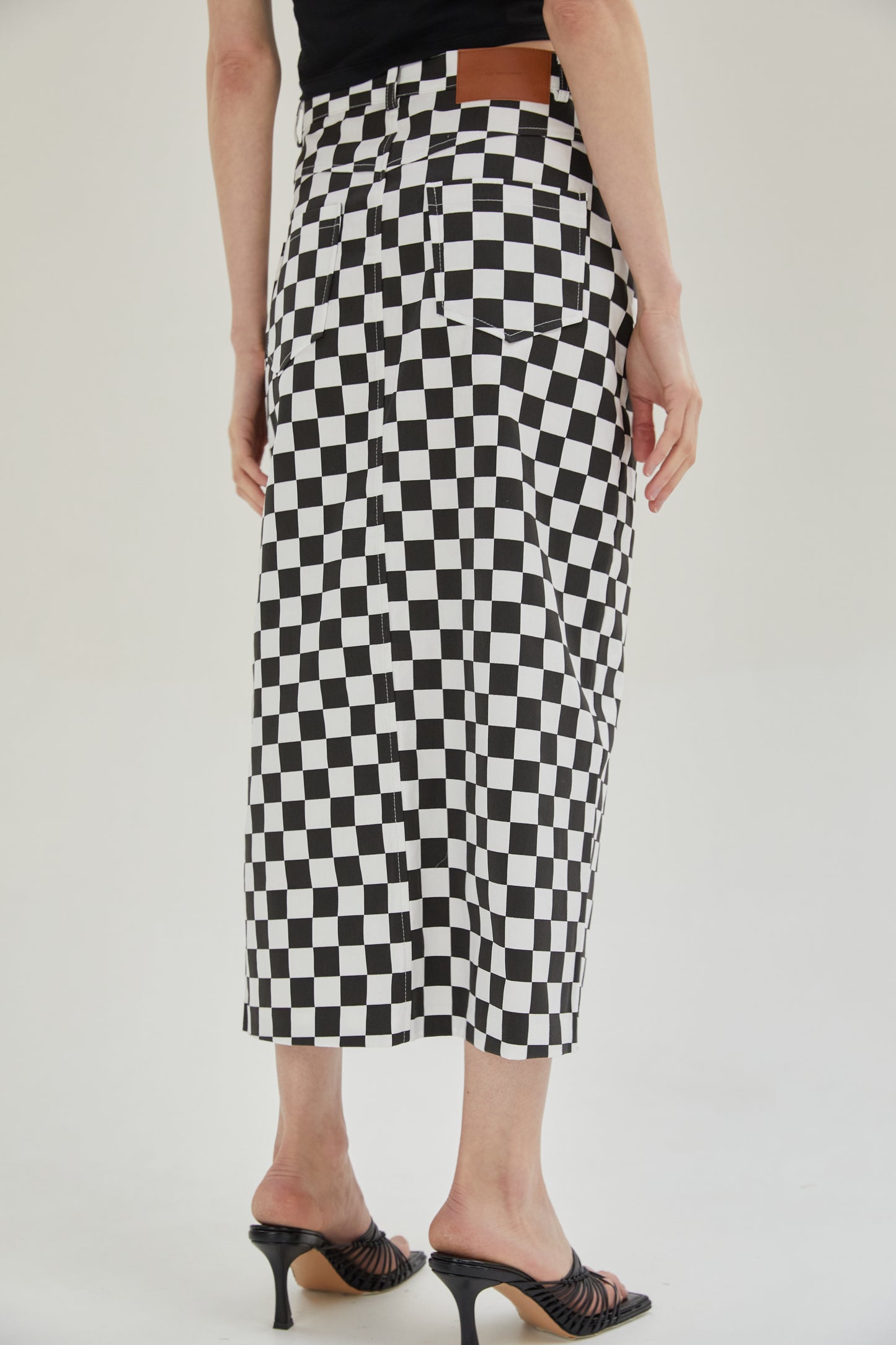 Front Slit Checker Midi Skirt, Black
