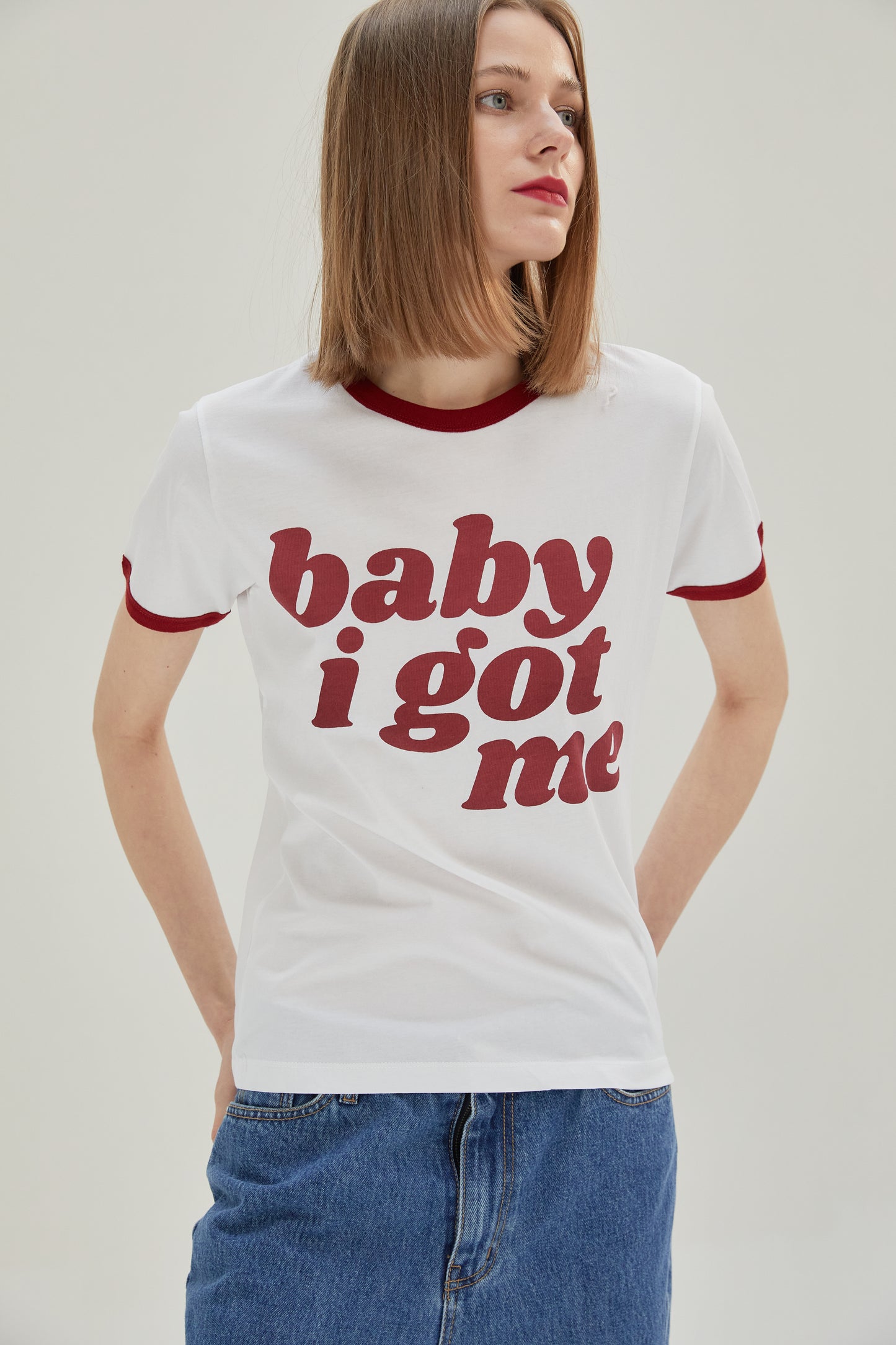 'Baby I Got Me' Contrast Tee, Maroon Red