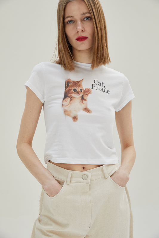 'Cat, People' Graphic Crop Tee, White