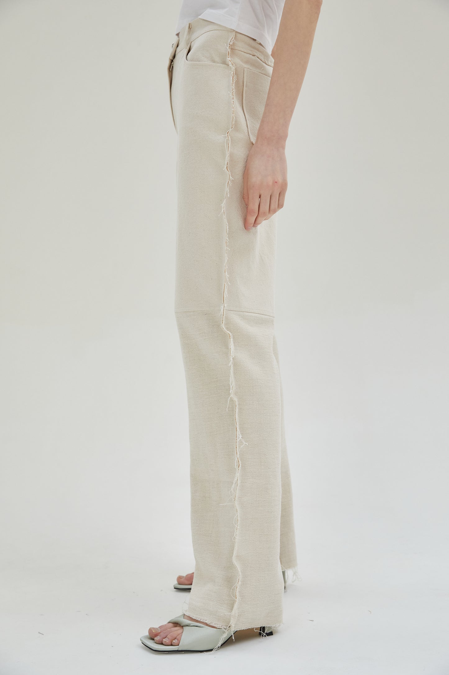 Raw Edge Linen Paneled Pants, Creme