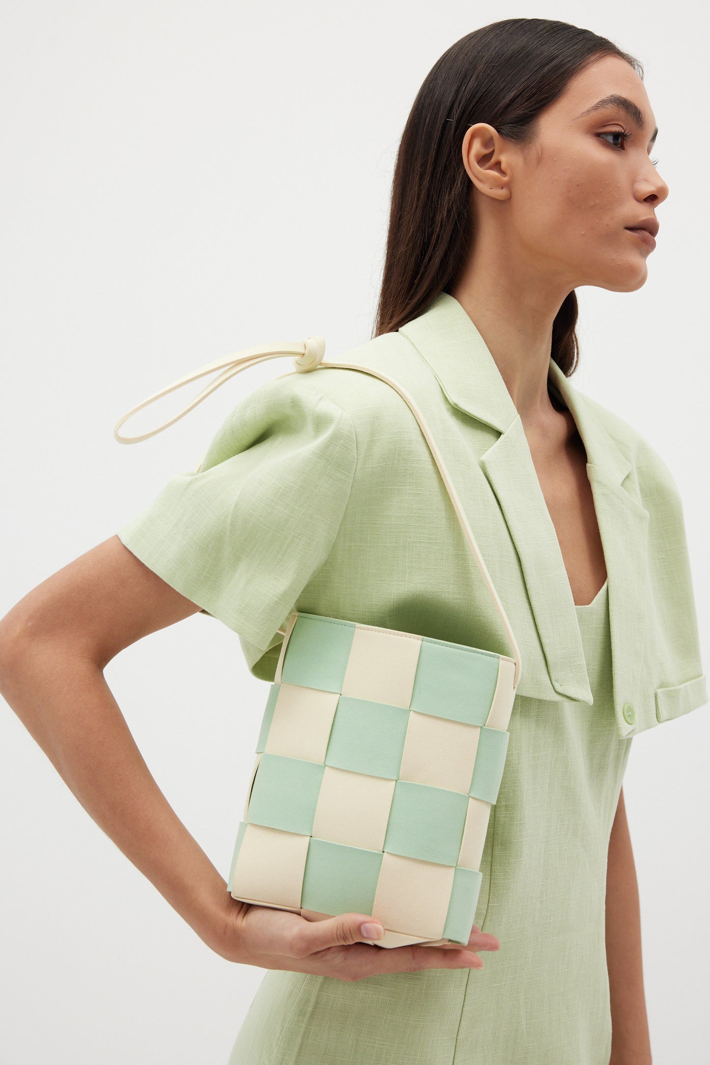 Checkered Weave Leather Bag, Pastel Green