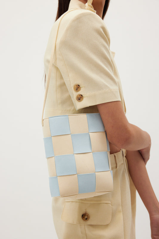 Checkered Weave Leather Bag, Pastel Blue