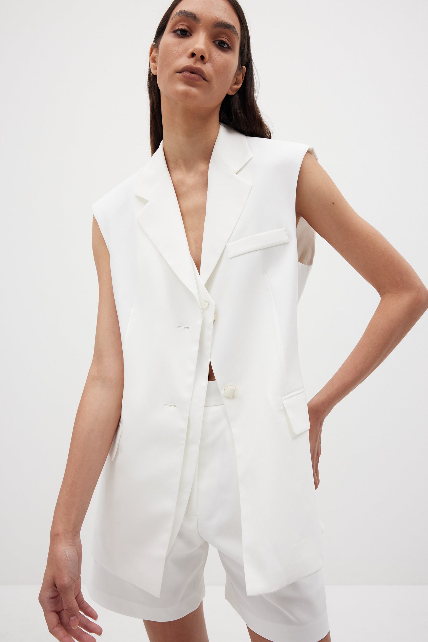 Double Layer Longline Suit Vest, True White