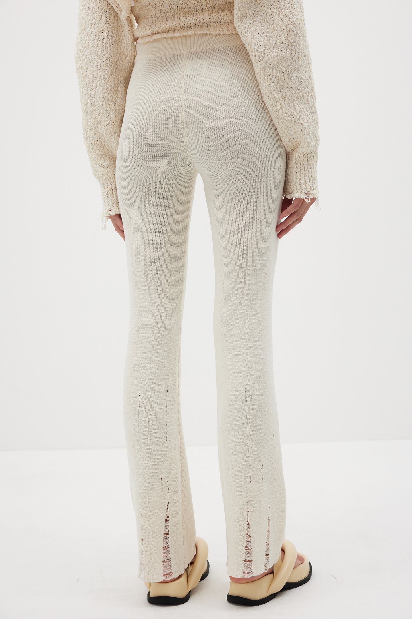 Frayed Hem Knitted Pants, Cream