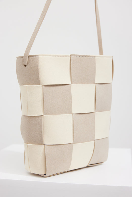 Checkered Weave Leather Bag, Milk Chocolate