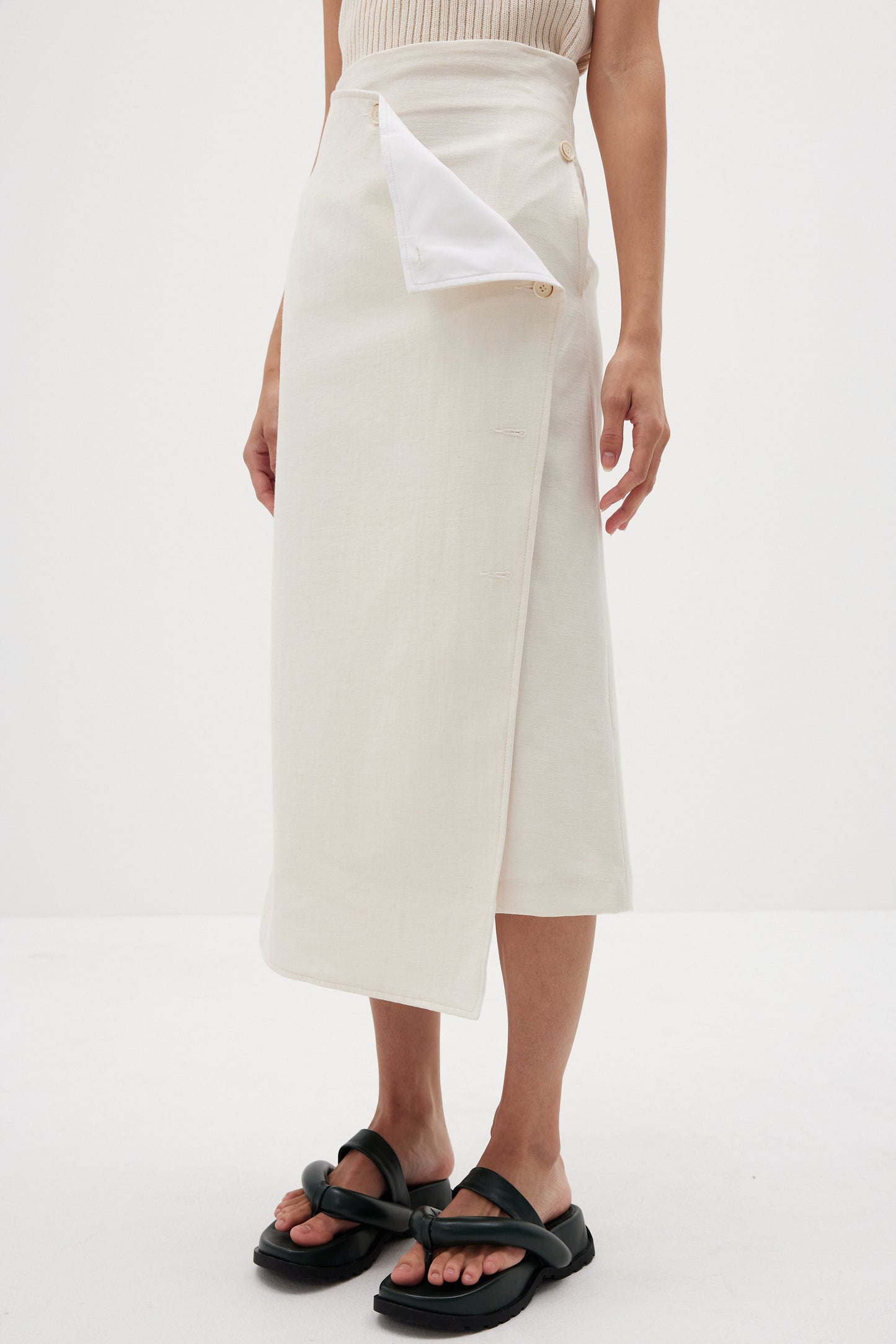 Asymmetric Button Midi Skirt, Linen