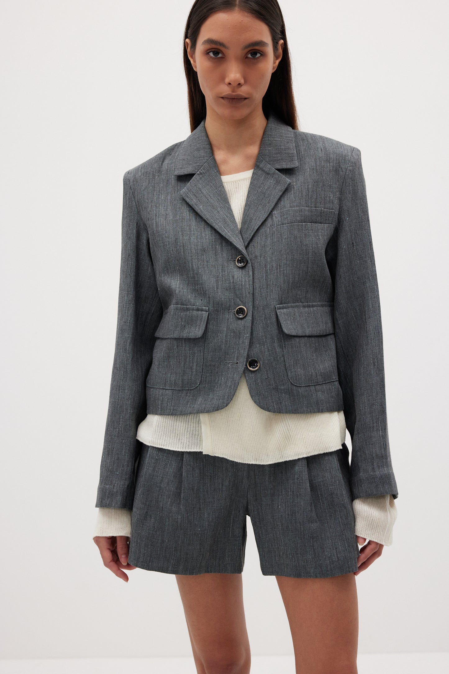 Fine Linen Cropped Suiting Jacket, Asphalt