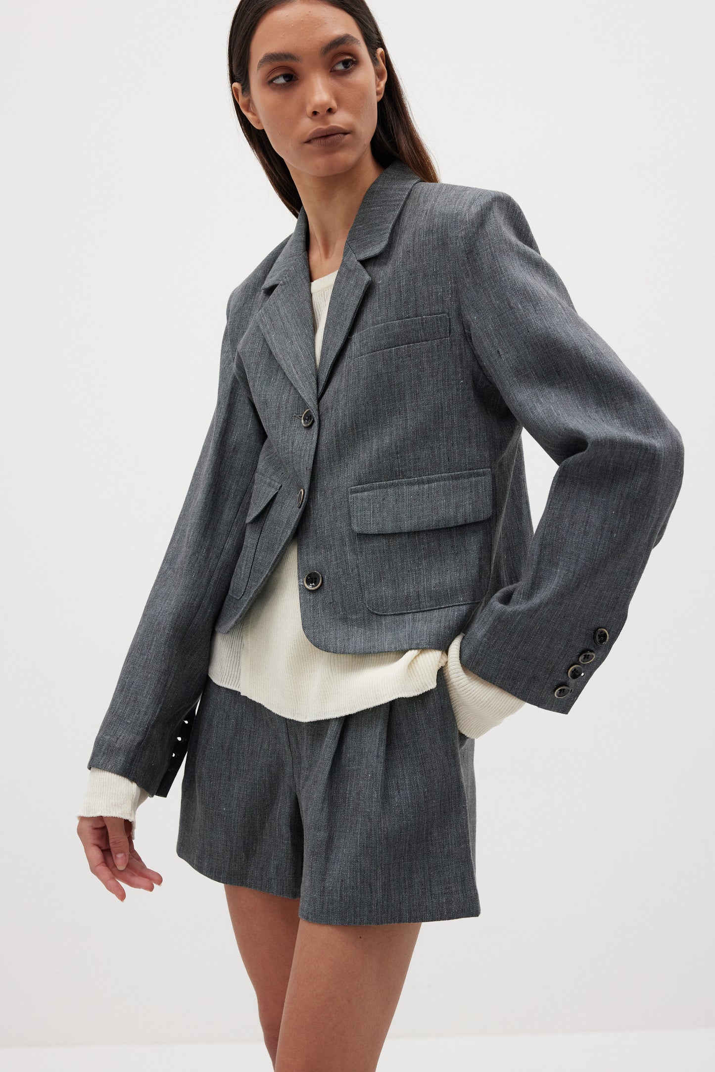 Fine Linen Cropped Suiting Jacket, Asphalt