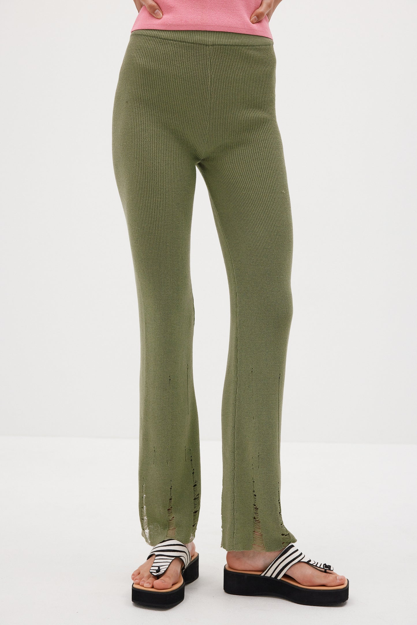 Frayed Hem Knitted Pants, Sage Green
