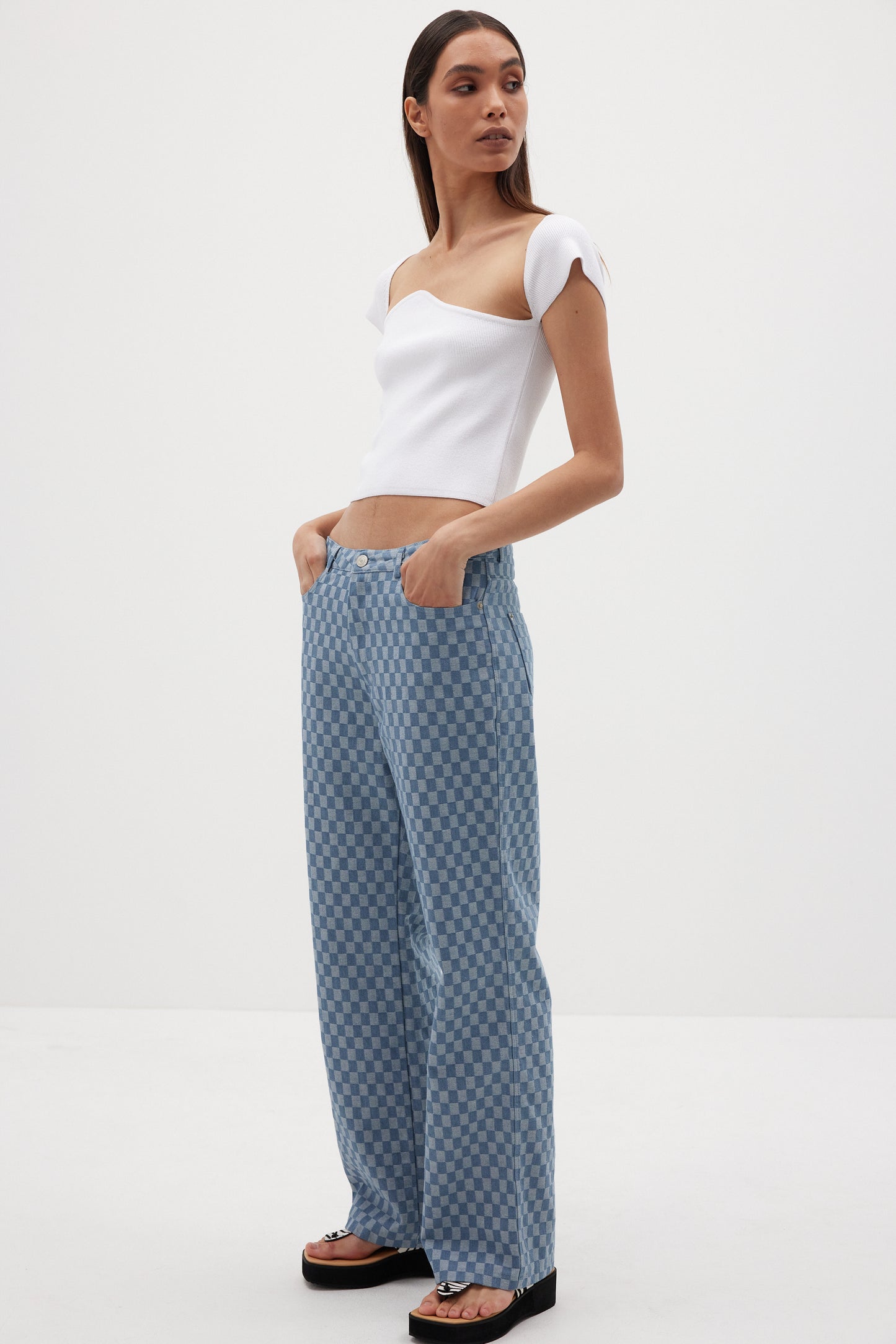 Slouchy Checkerboard Jeans, Light Blue