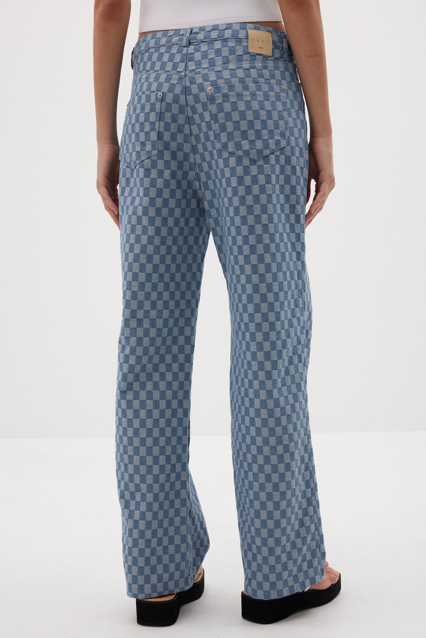 Slouchy Checkerboard Jeans, Light Blue
