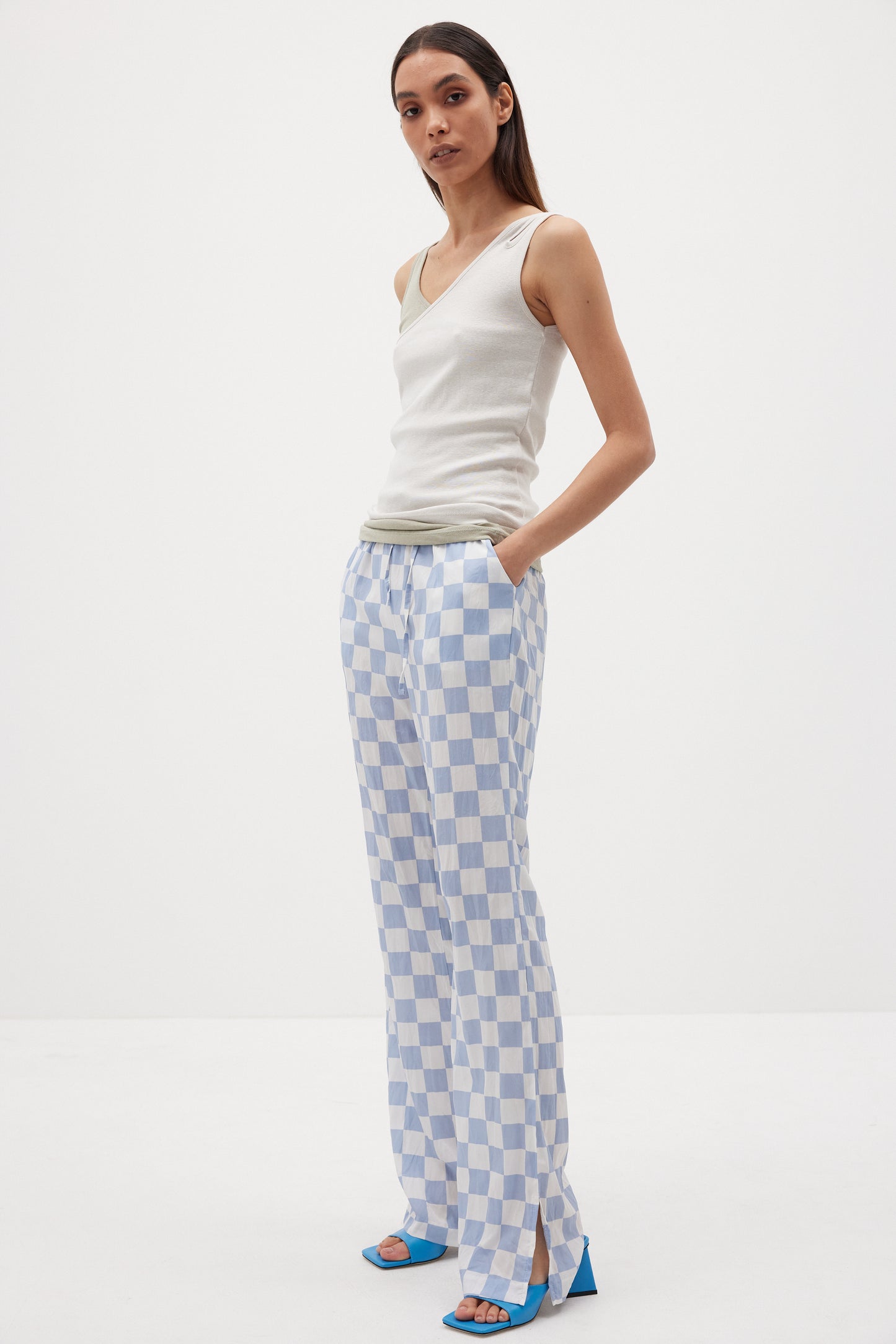 Crinkled Checkerboard Pants, Cornflower