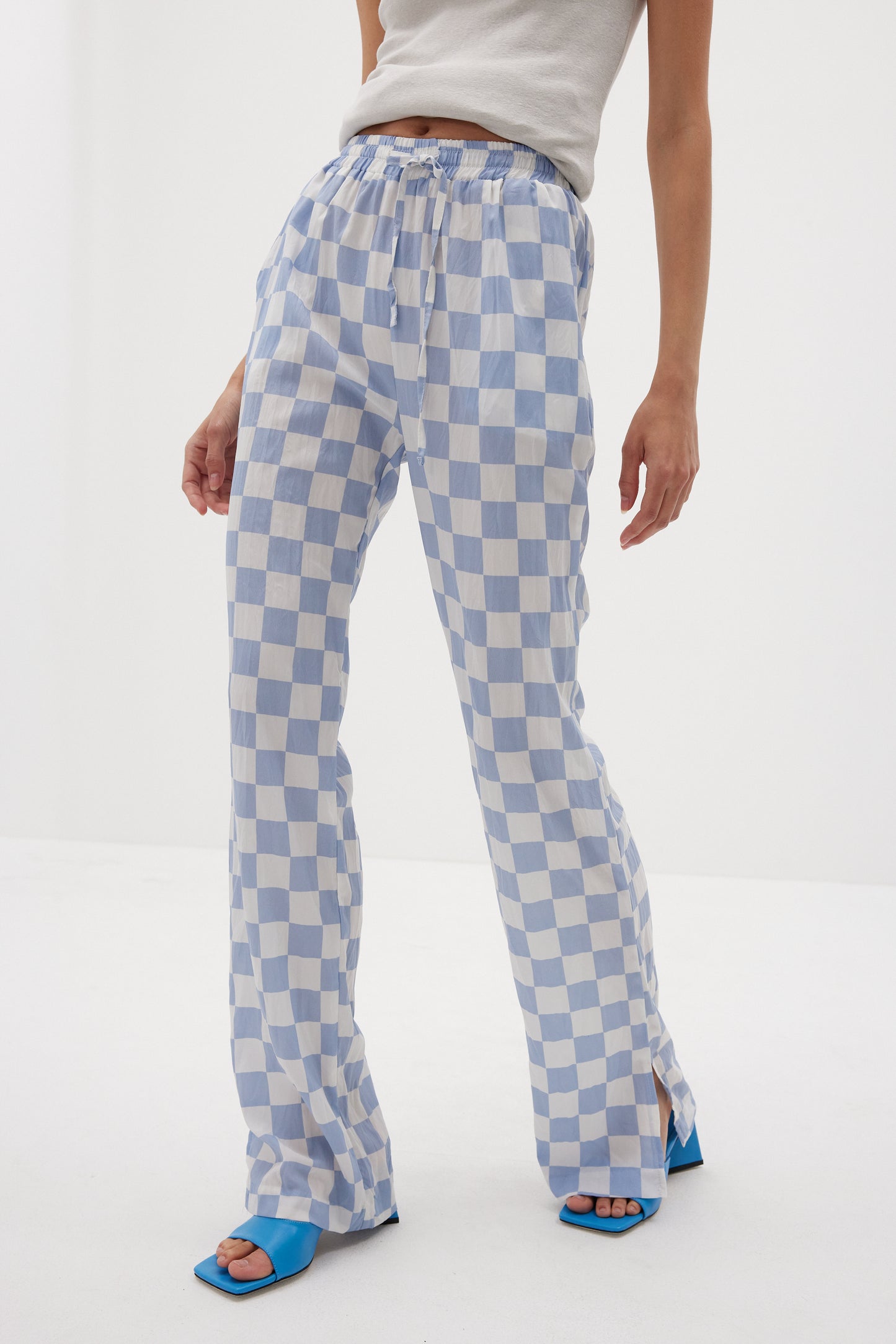 Crinkled Checkerboard Pants, Cornflower