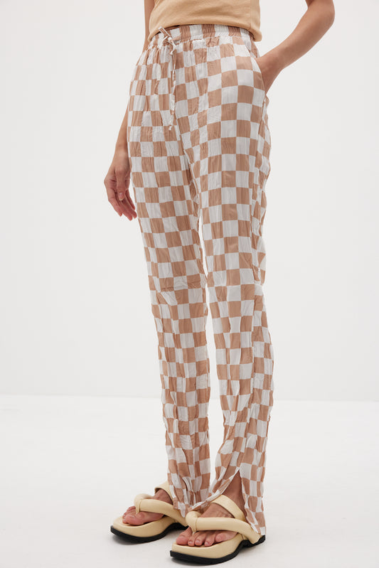 Crinkled Checkerboard Pants, Ochre